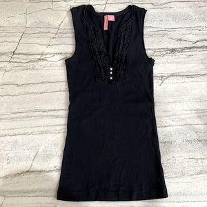 Ribbed Ruffle Deep V Neck Tank Top With Sparkly Round Rhinestone Buttons